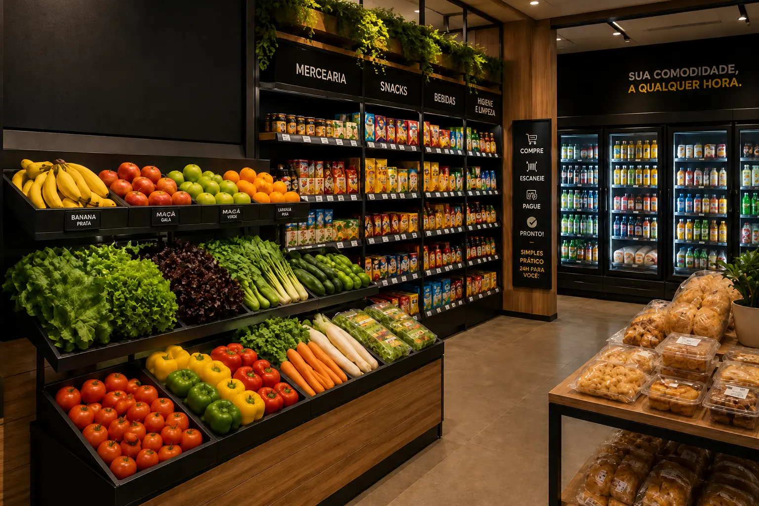 Produtos frescos organizados em uma composição de mercado
